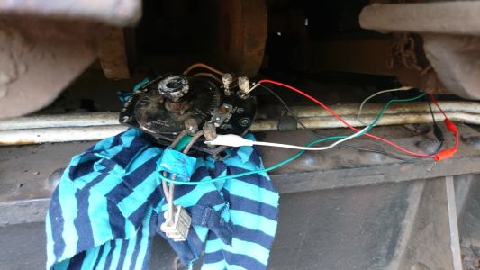 The wheel wear compensater unit removed from it’s housing, at this point it was having some tests following repairs before being refitted to it’s housing on D8098. - Photo by James Whincup