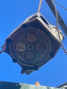 The replacement cylinder head being craned into the loco. Photo by Georgia Williams