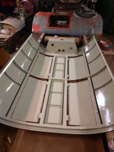 The inside of the roof section that lives above the power unit in grey gloss, sections around where the roof hatch opens have been left and will be done once the roof is the right way up. Photo by James Whincup