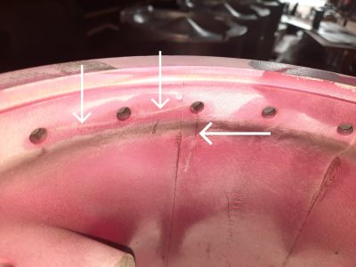 The arrows point to where a crack has been detected. Photo by James Whincup